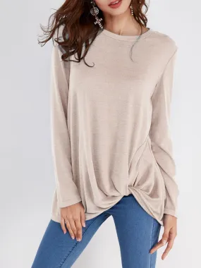 OEM ODM Round Neck Plain Crossed Front Pleated Long Sleeve Irregular Hem T-Shirts