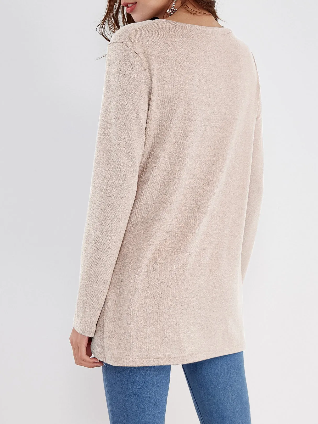 OEM ODM Round Neck Plain Crossed Front Pleated Long Sleeve Irregular Hem T-Shirts