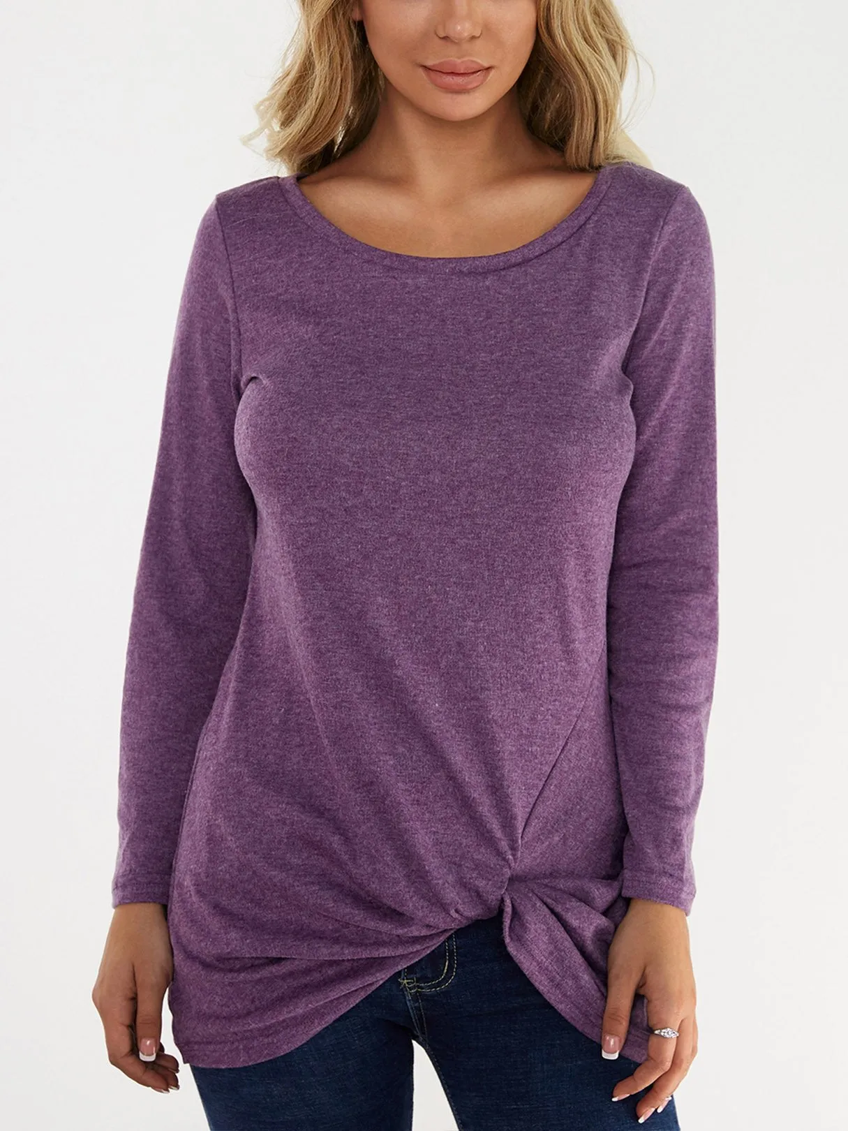 OEM ODM Round Neck Plain Crossed Front Pleated Long Sleeve Irregular Hem T-Shirts