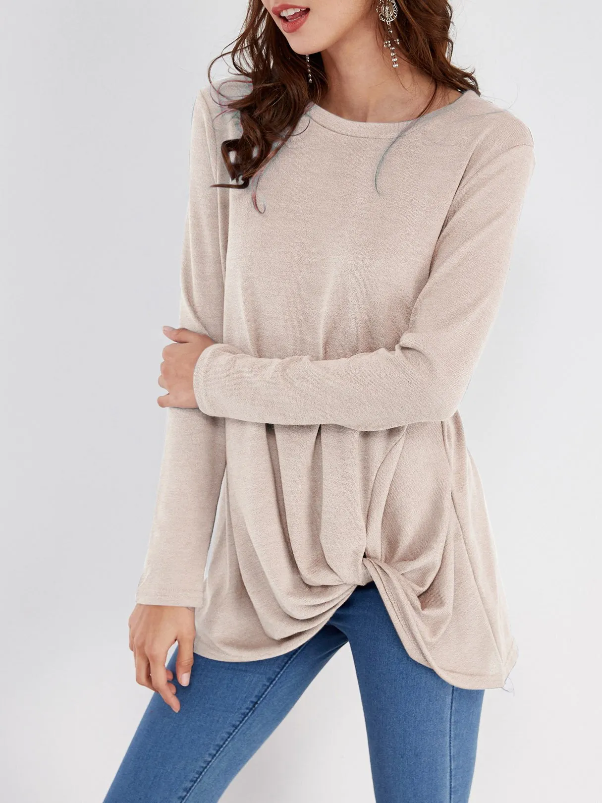 OEM ODM Round Neck Plain Crossed Front Pleated Long Sleeve Irregular Hem T-Shirts