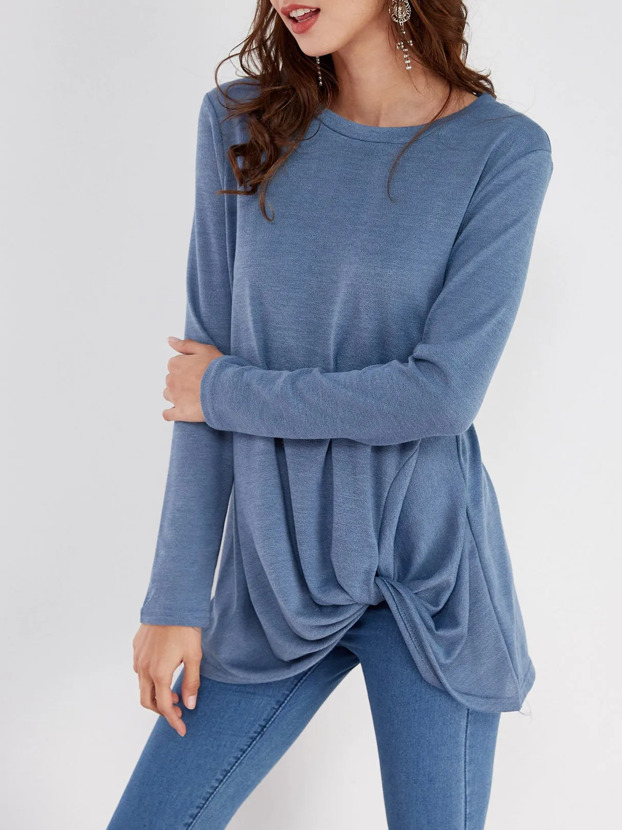 OEM ODM Round Neck Plain Crossed Front Pleated Long Sleeve Irregular Hem T-Shirts