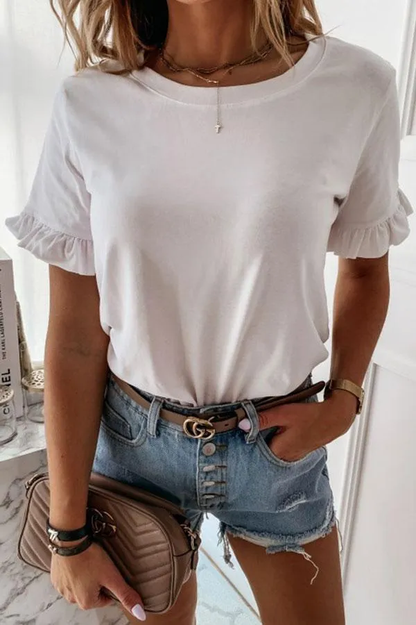 Solid Color Flounce Sleeve Sweet T-Shirt