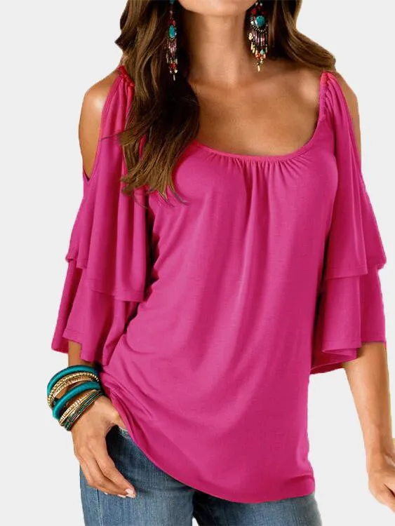 Wholesale Round Neck Cold Shoulder Tiered Half Sleeve T-Shirts